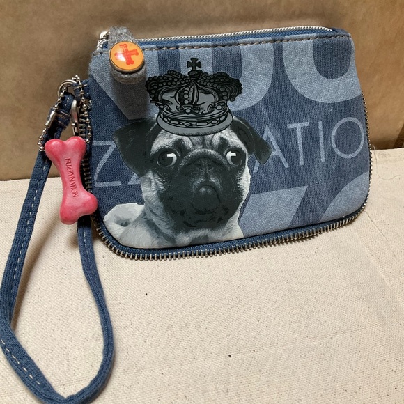 Fuzzy Nation Pug Dog Blue Wristlet Zipper Bag Bone Charm KING CROWN PUG wallet - Picture 1 of 6